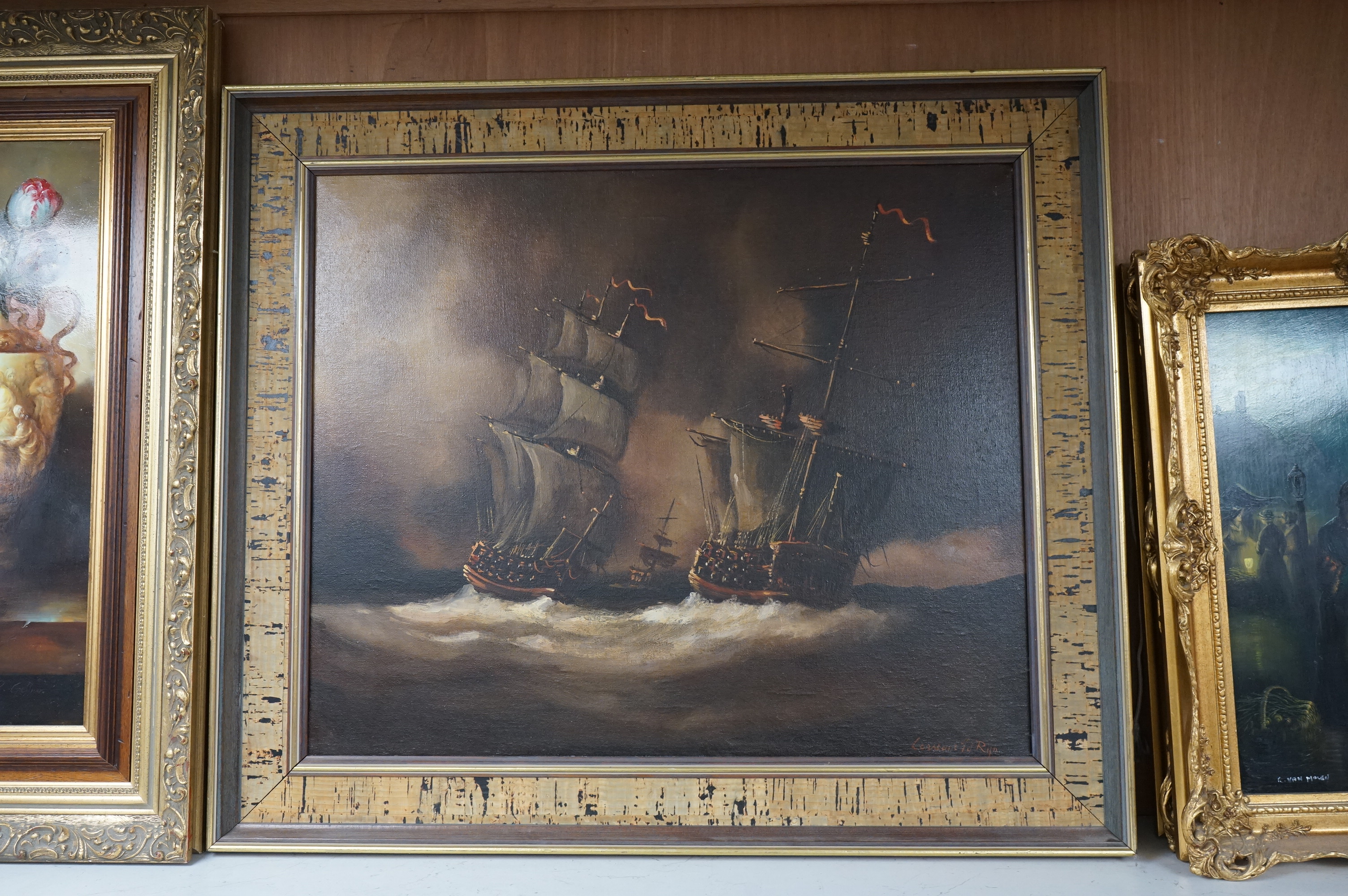Constant Rijn ?, 20th century, Dutch, oil on canvas, Seascape with ships, signed, 49 x 60cm.